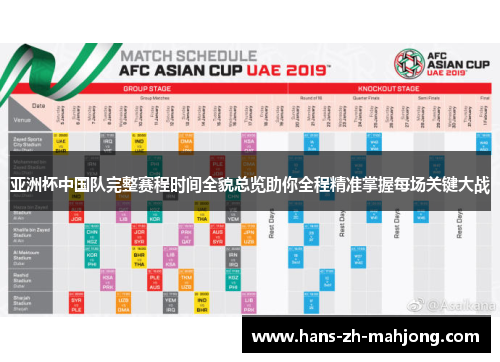 亚洲杯中国队完整赛程时间全貌总览助你全程精准掌握每场关键大战 亚洲杯中国队完整赛程时间全貌总览助你全程精准掌握每场关键大战