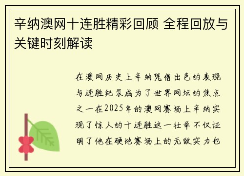 辛纳澳网十连胜精彩回顾 全程回放与关键时刻解读