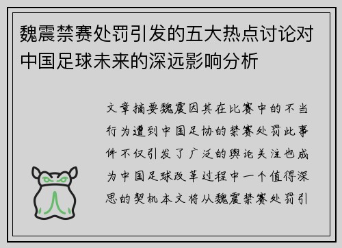 魏震禁赛处罚引发的五大热点讨论对中国足球未来的深远影响分析
